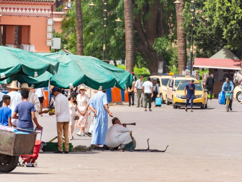 Jemaa el-Fnaa square Marrakech street performer snake charmer crowd
