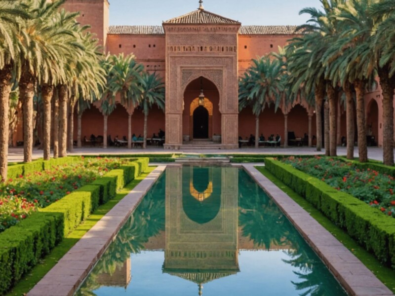 Menara Garden courtyard with reflecting pool and palm trees Marrakech