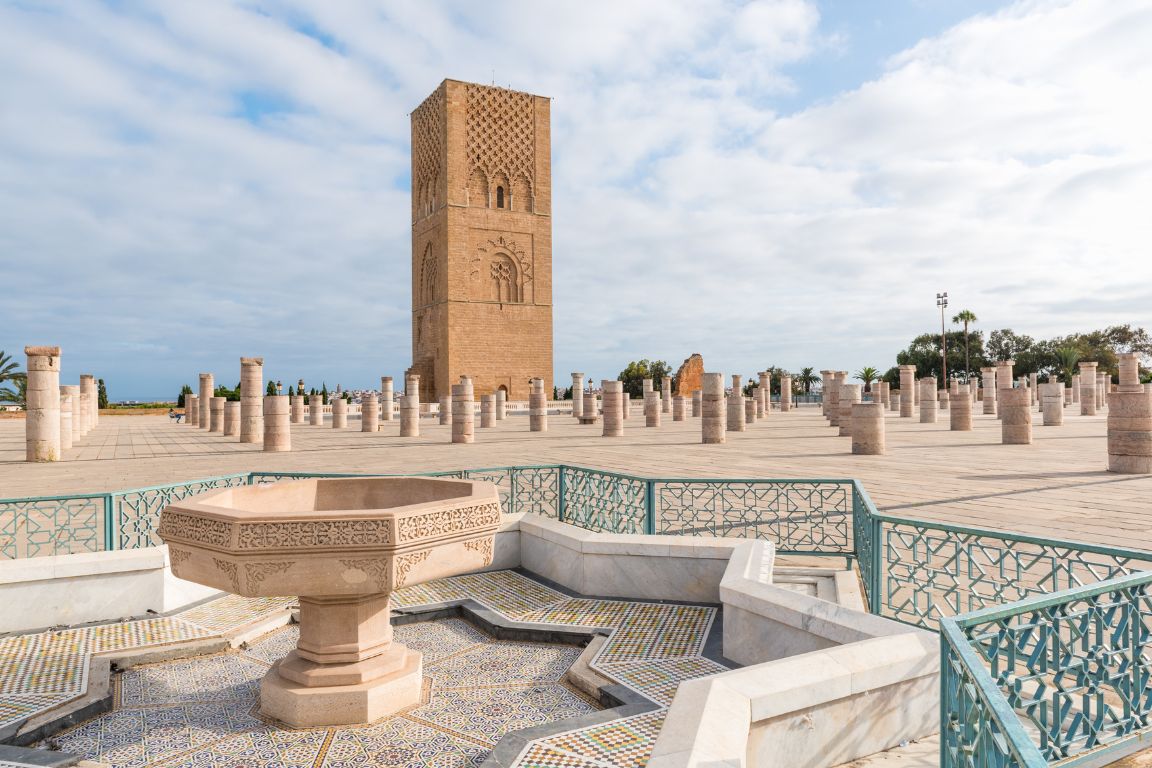 Hassan Tower minaret with columns courtyard Rabat Morocco