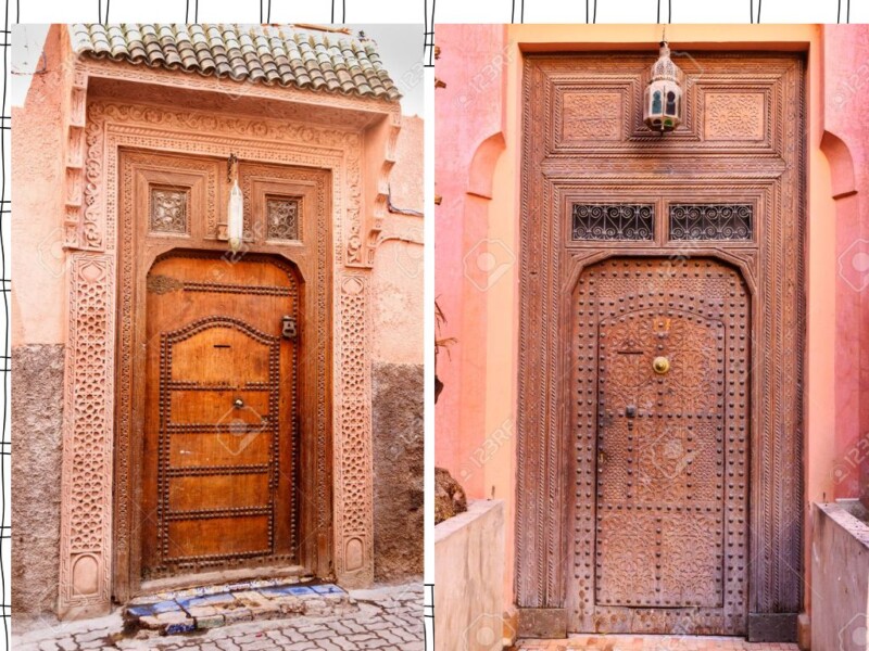 # Alt Text for MoroFun.com Two ornate traditional Moroccan wooden doors in historic medina