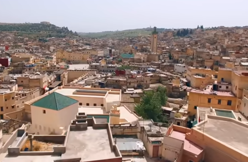 Aerial view of Fez medina's terracotta buildings and green roofs