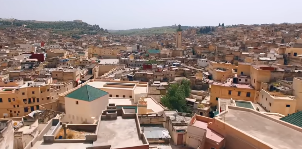 Aerial view of Fez medina's terracotta buildings and green roofs