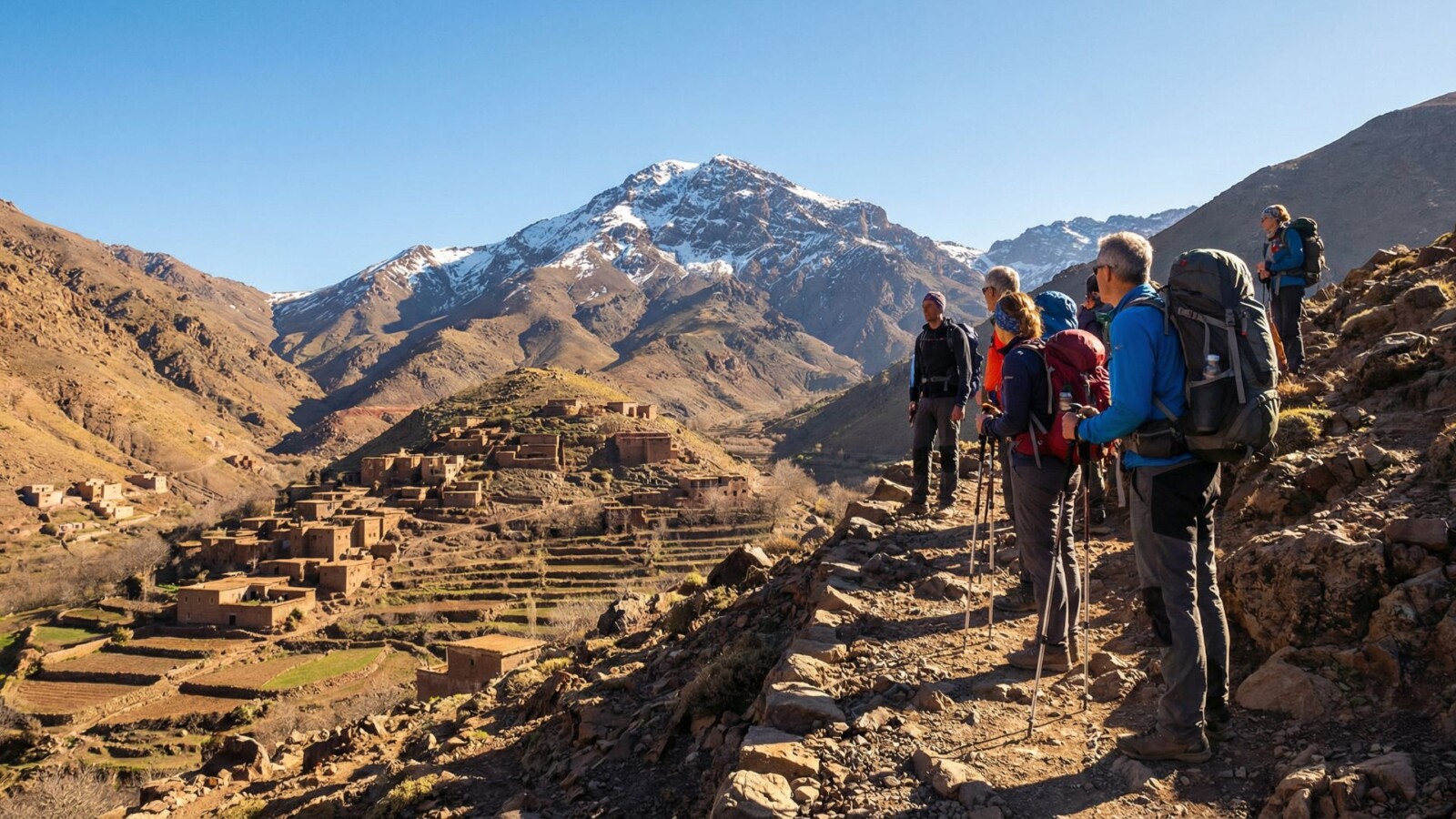 Hikers trekking through the High Atlas Mountains in Morocco with Berber village in the valley below