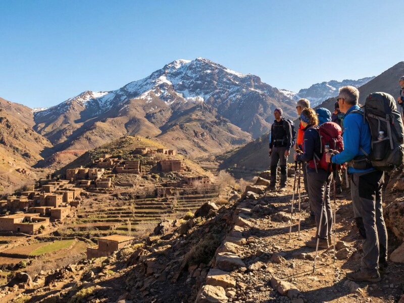 Hikers trekking through the High Atlas Mountains in Morocco with Berber village in the valley below