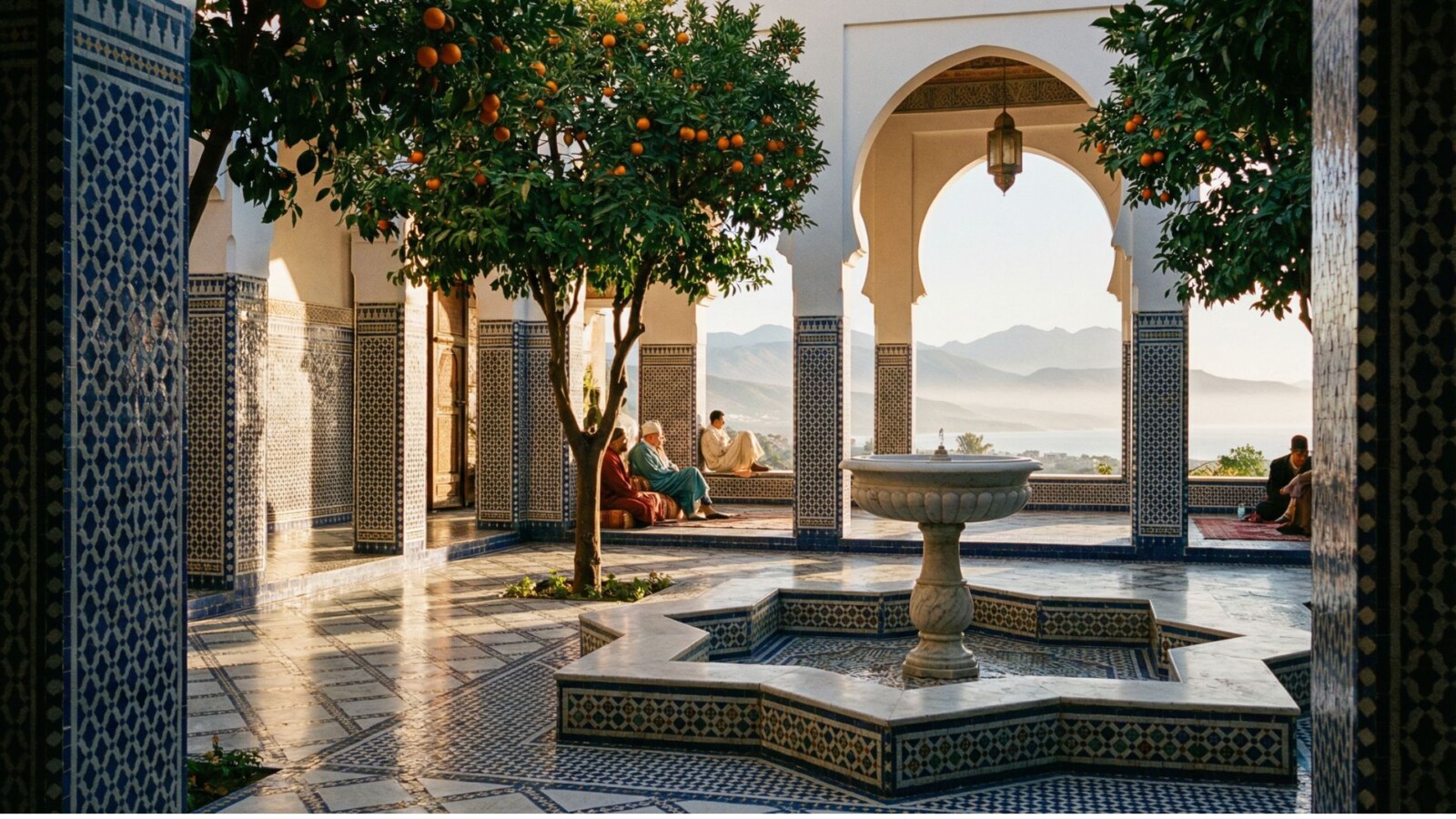 Moroccan riad courtyard with orange trees and mountain views