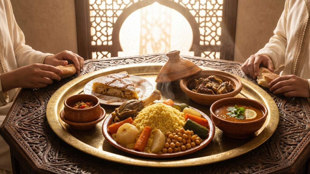 Traditional Moroccan dishes including couscous with seven vegetables, pastilla pie, harira soup, and tanjia clay pot arranged on brass tray