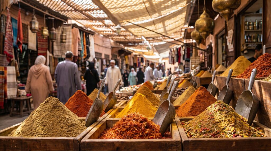 Colorful pyramids of Moroccan spices including cumin, paprika, and saffron at a traditional souk market