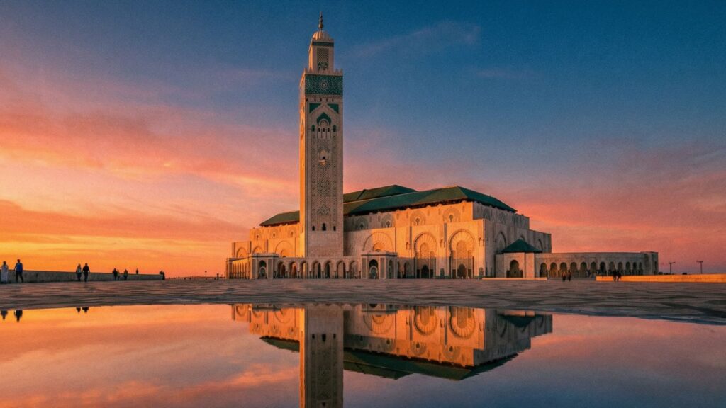 Hassan II Mosque in Casablanca Morocco at sunset with minaret reflected in ocean waters and golden light on white architecture