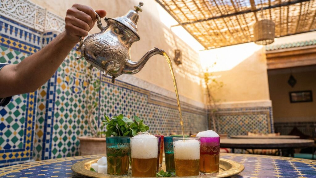 Moroccan mint tea being poured from silver teapot into traditional glasses with fresh mint visible