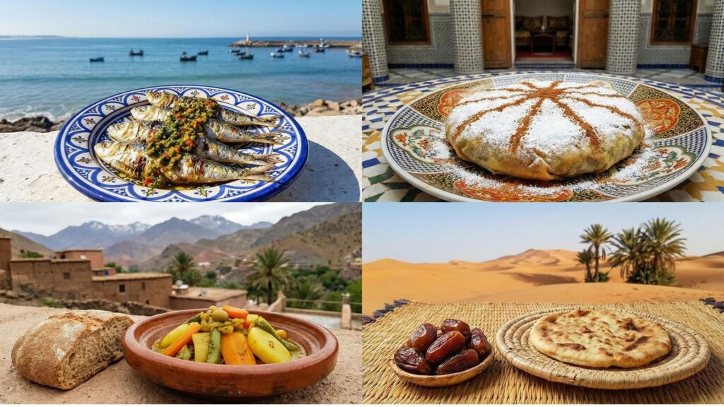 Four Moroccan regional dishes showing coastal sardines, Fes pastilla, mountain tagine, and desert specialties