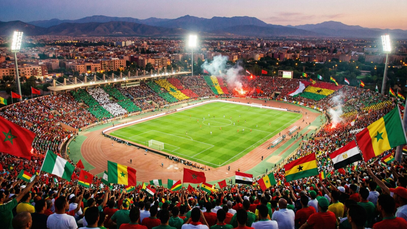 Packed Moroccan stadium during Africa Cup of Nations 2025 with colorful crowds of African football supporters