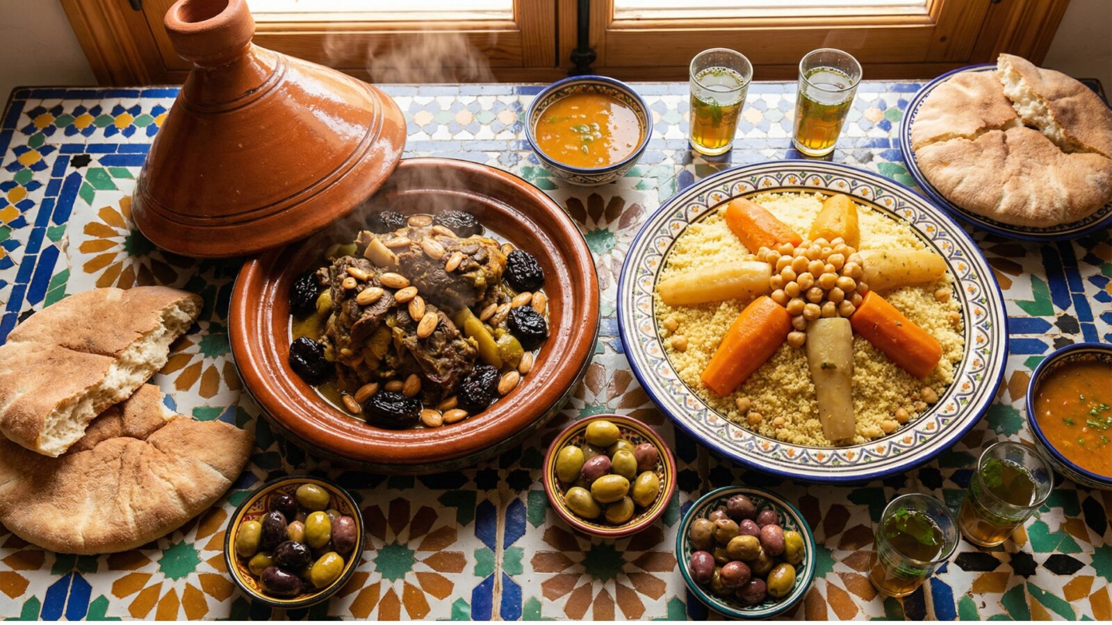 Traditional Moroccan dishes including tagine, couscous, harira soup, and fresh bread arranged on a colorful tiled table