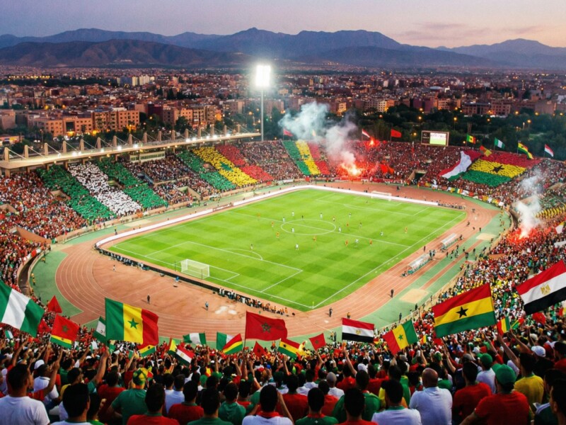 Packed Moroccan stadium during Africa Cup of Nations 2025 with colorful crowds of African football supporters