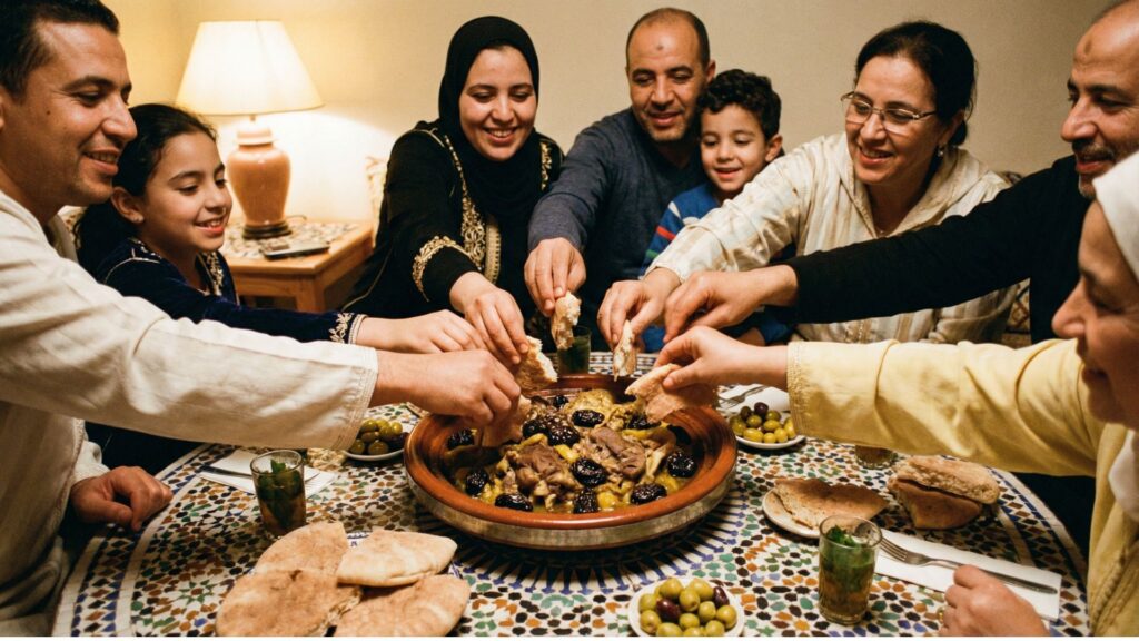 Moroccan communal dining with hands reaching toward shared tagine and bread on traditional table