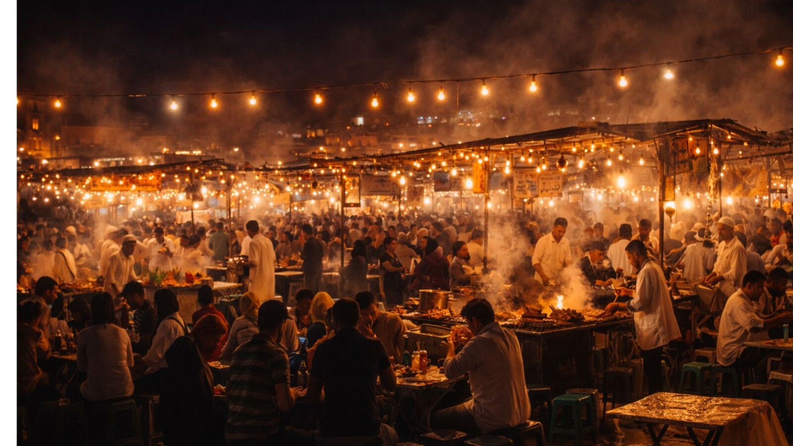 Busy night food market at Djemaa el-Fna in Marrakech with steam rising from grill stalls and crowds of diners
