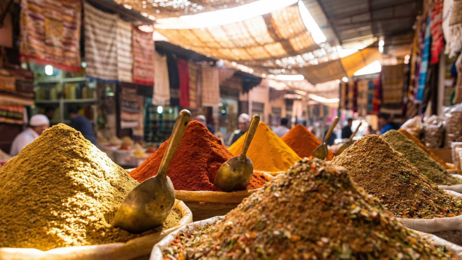 Colorful pyramids of Moroccan spices including cumin, paprika, and turmeric displayed at a traditional souk market stall