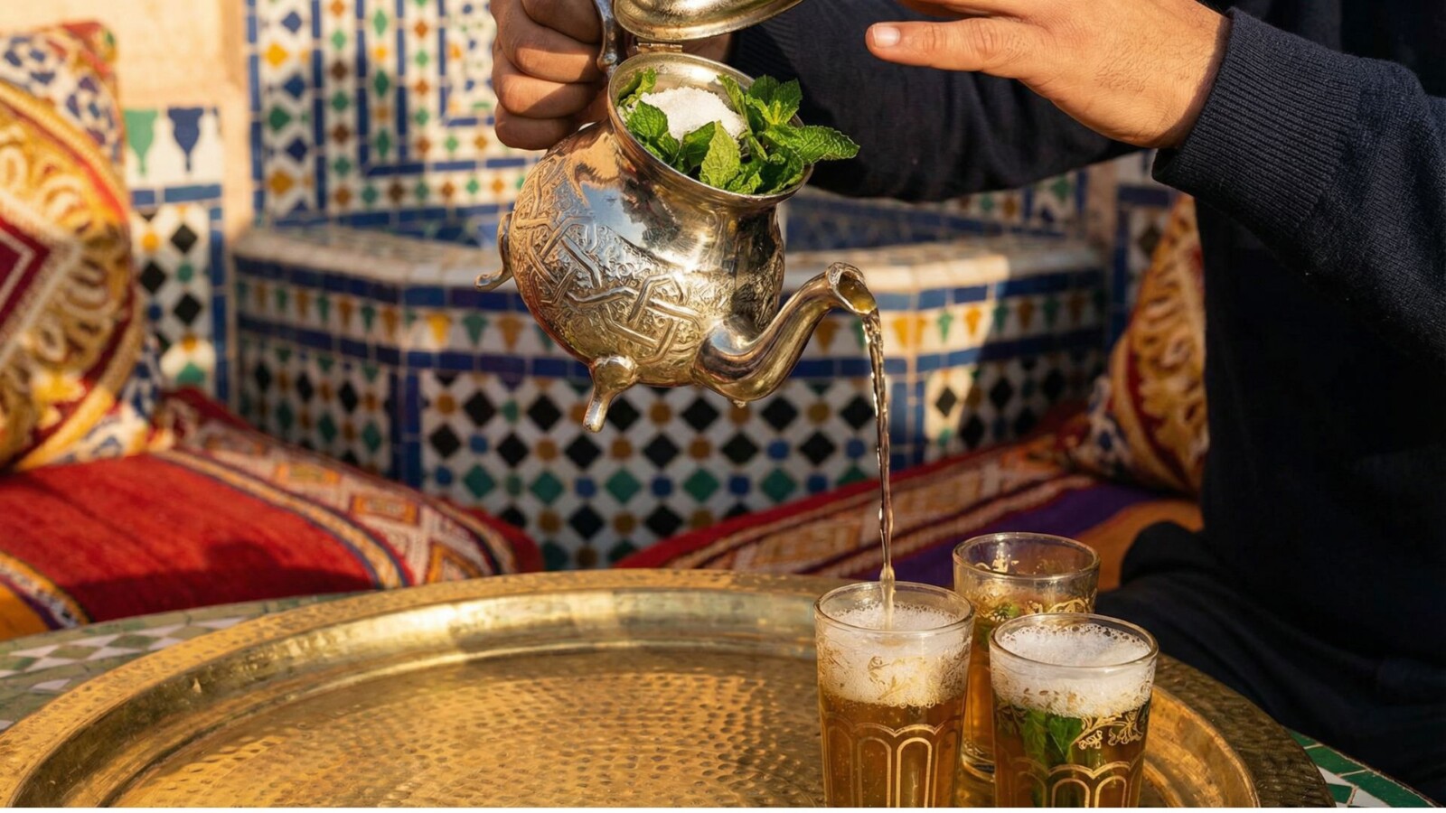 Traditional Moroccan mint tea being poured from a silver teapot into decorated glasses with fresh mint visible