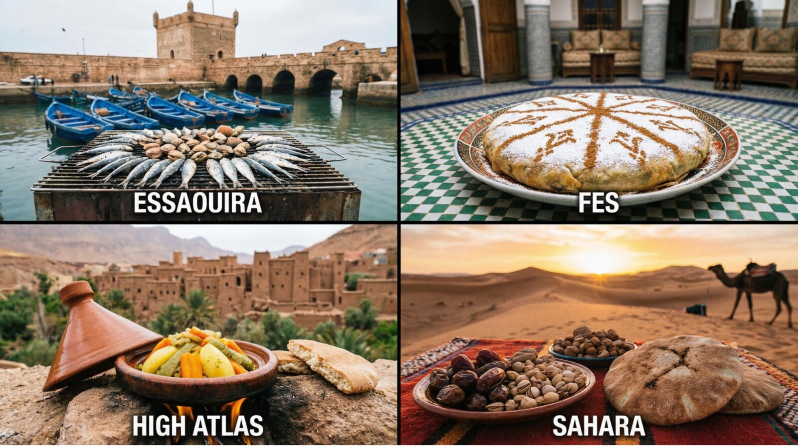Four regional Moroccan dishes representing coastal seafood, Fes pastilla, mountain Berber tagine, and desert specialties