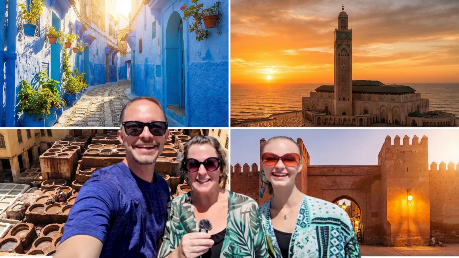 Collage of Morocco travel destinations featuring Chefchaouen blue streets, Casablanca Hassan II Mosque, Fez tanneries, and Marrakech red medina walls
