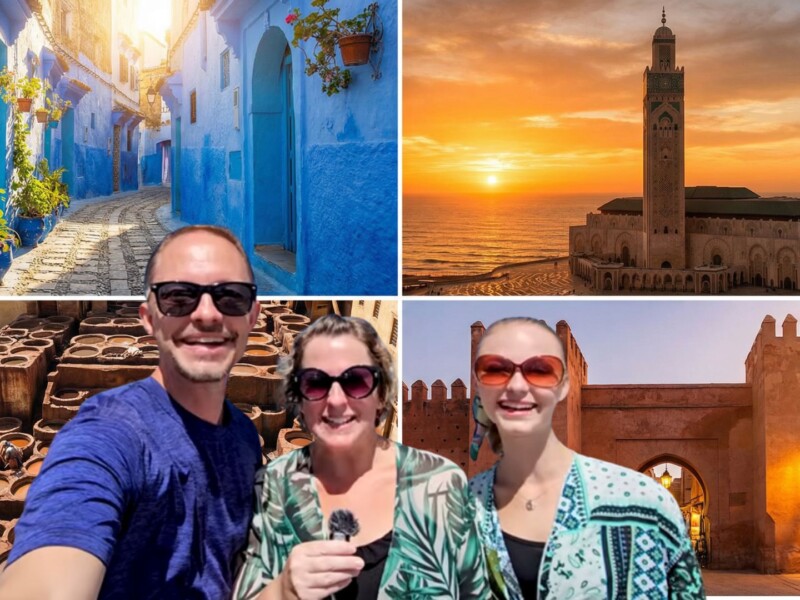 Collage of Morocco travel destinations featuring Chefchaouen blue streets, Casablanca Hassan II Mosque, Fez tanneries, and Marrakech red medina walls