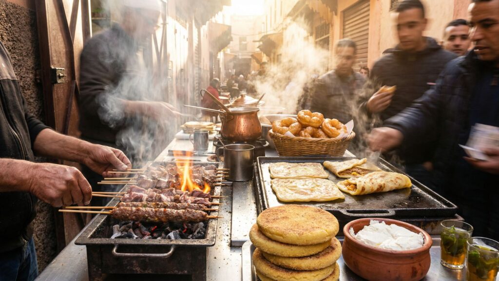 Moroccan street food stall with grilled brochettes over charcoal, msemen flatbreads on griddle, fried sfenj doughnuts, and harsha bread