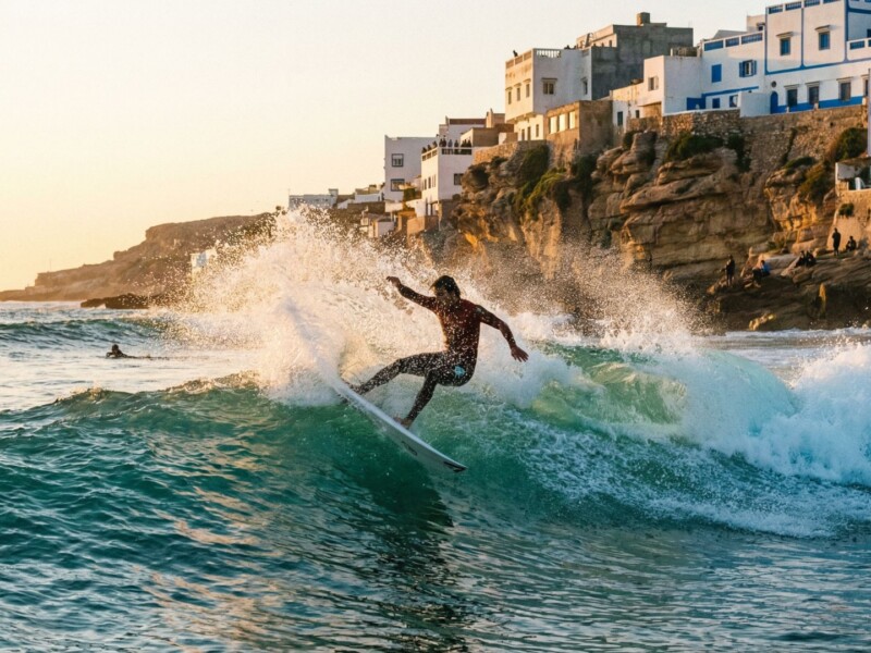 Surfer catching a wave at Taghazout beach on Morocco's Atlantic coast