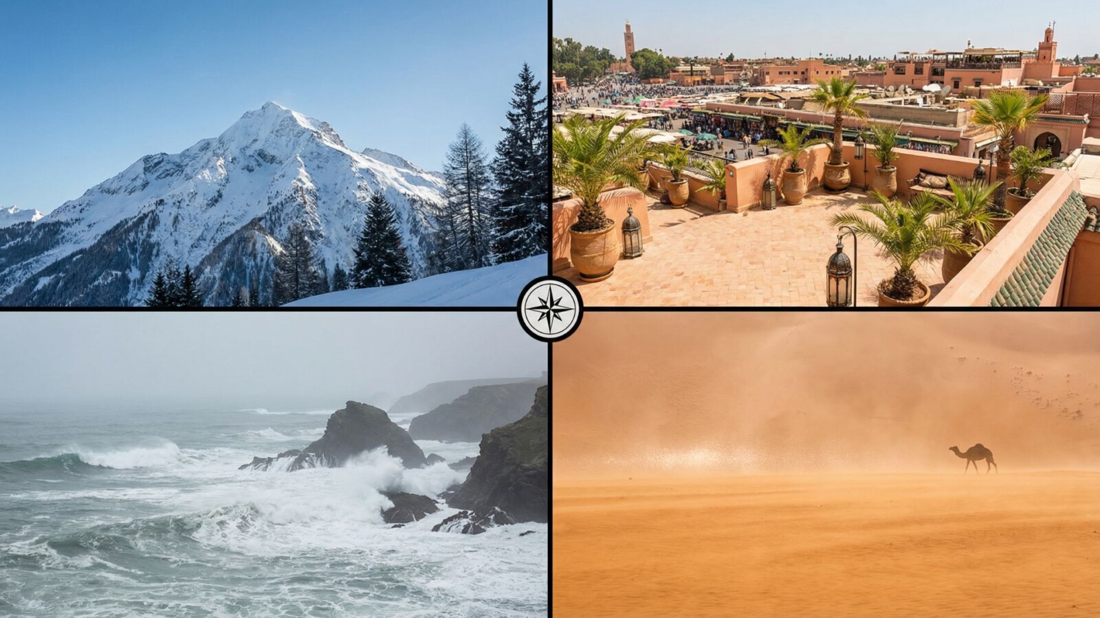 Four panel image showing Morocco's diverse climate zones from snowy mountains to hot desert