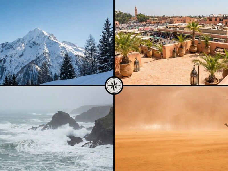 Four panel image showing Morocco's diverse climate zones from snowy mountains to hot desert