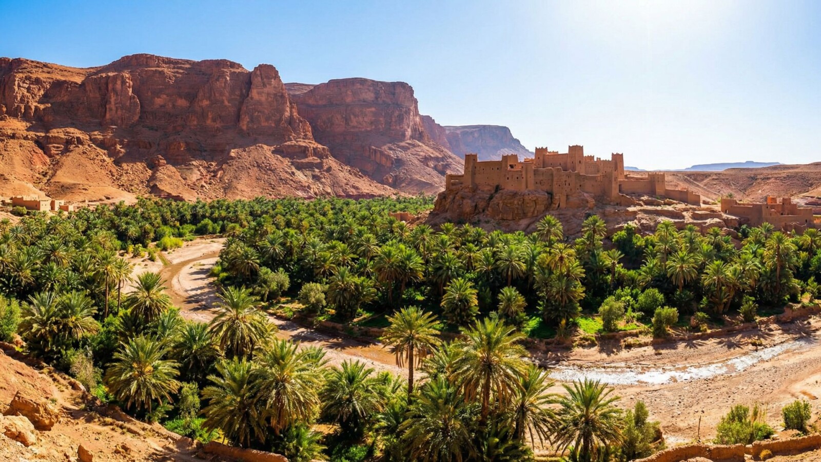 Date palm oasis and ancient kasbah in Morocco's Draa Valley with red cliffs in background