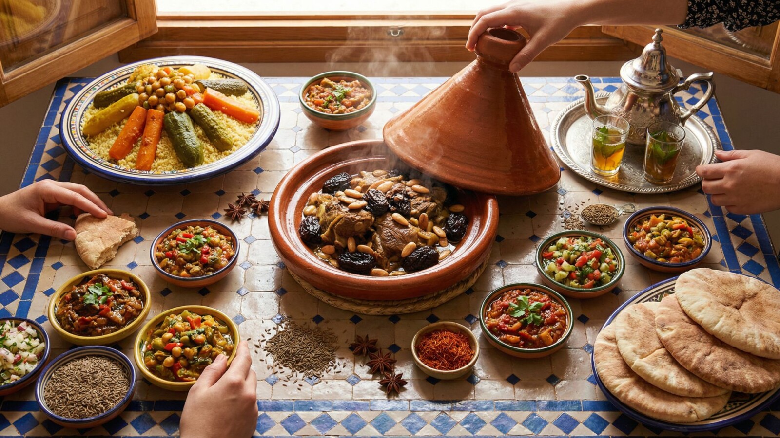 Traditional Moroccan food spread featuring tagine, couscous, salads, bread, and mint tea on a colorful tiled table