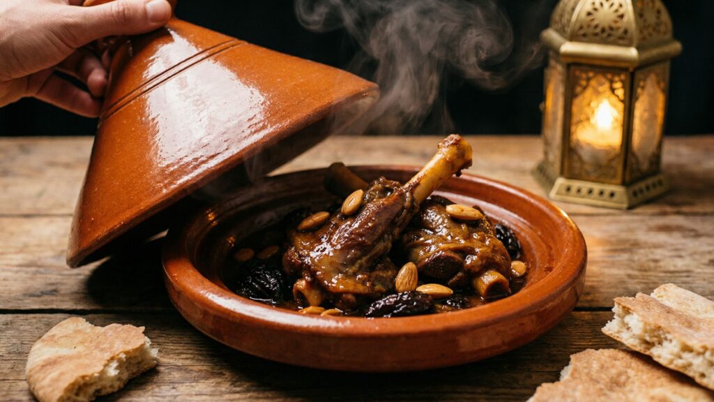 Traditional Moroccan lamb tagine with prunes and almonds, steam rising as the conical lid is lifted
