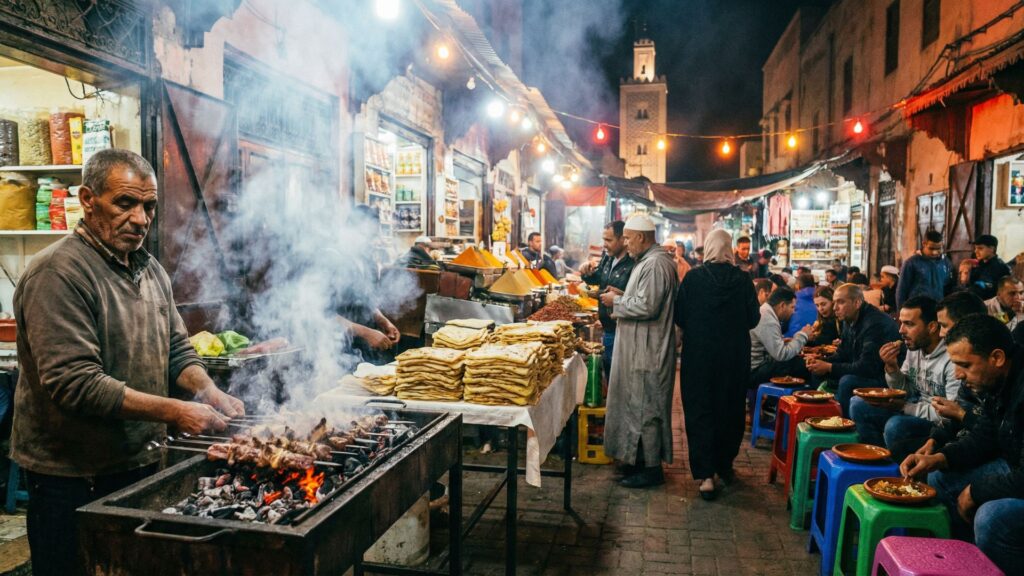 Moroccan street food vendor grilling meat brochettes at a busy night market with customers dining nearby