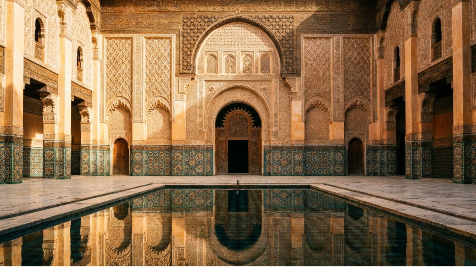 Ornate courtyard with reflecting pool and zellige tilework in Moroccan palace