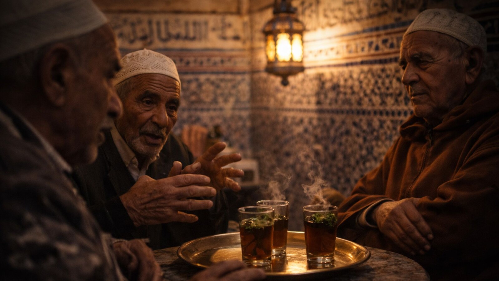 Three elderly Moroccan men conversing in traditional riad interior