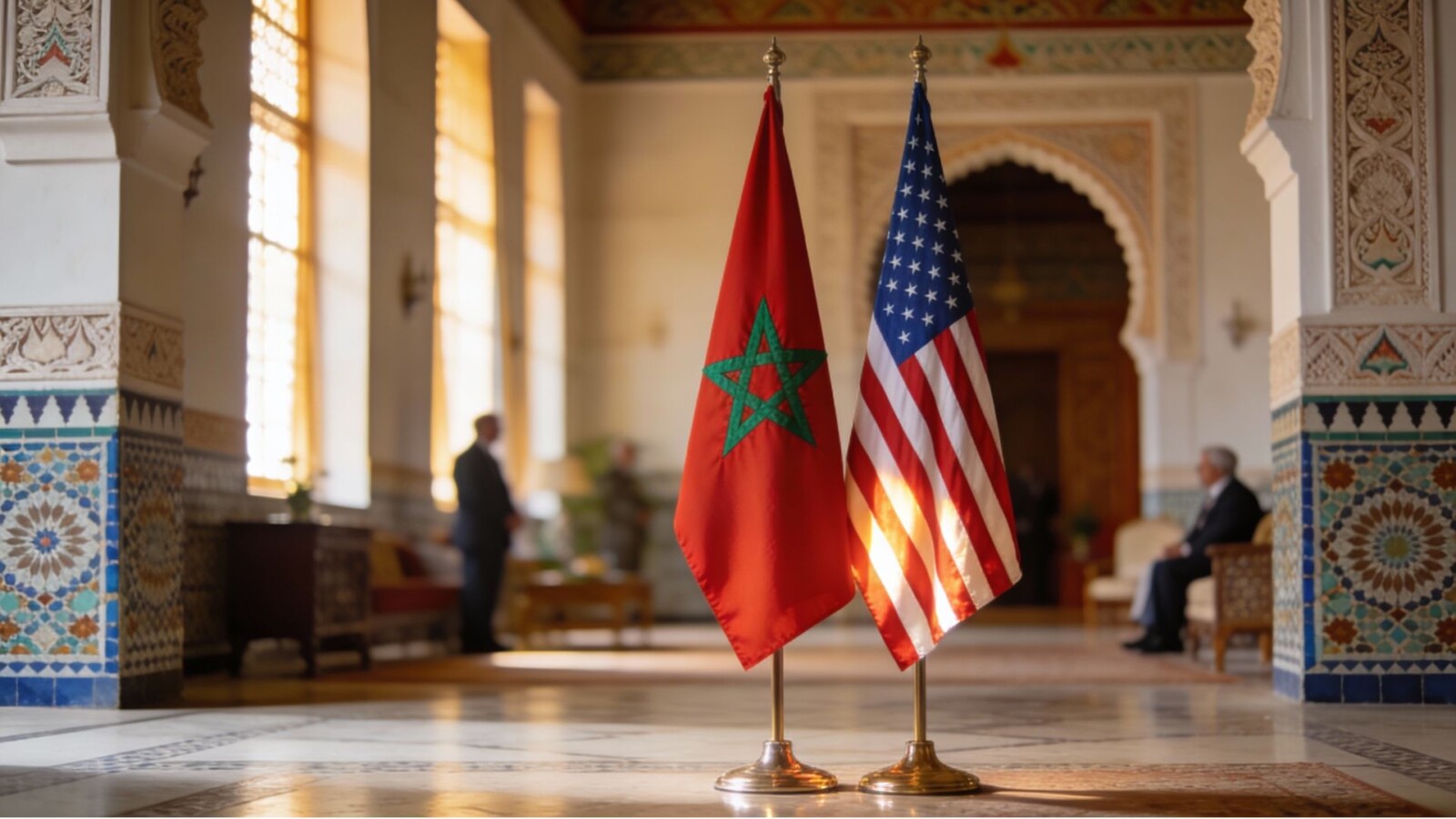 Moroccan and American flags displayed together at diplomatic venue with traditional Moroccan architecture in soft natural lighting