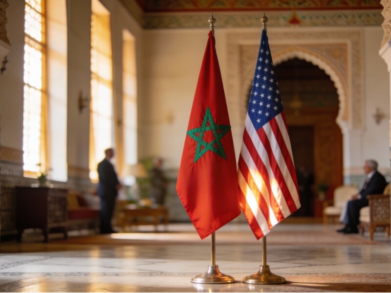 Moroccan and American flags displayed together at diplomatic venue with traditional Moroccan architecture in soft natural lighting