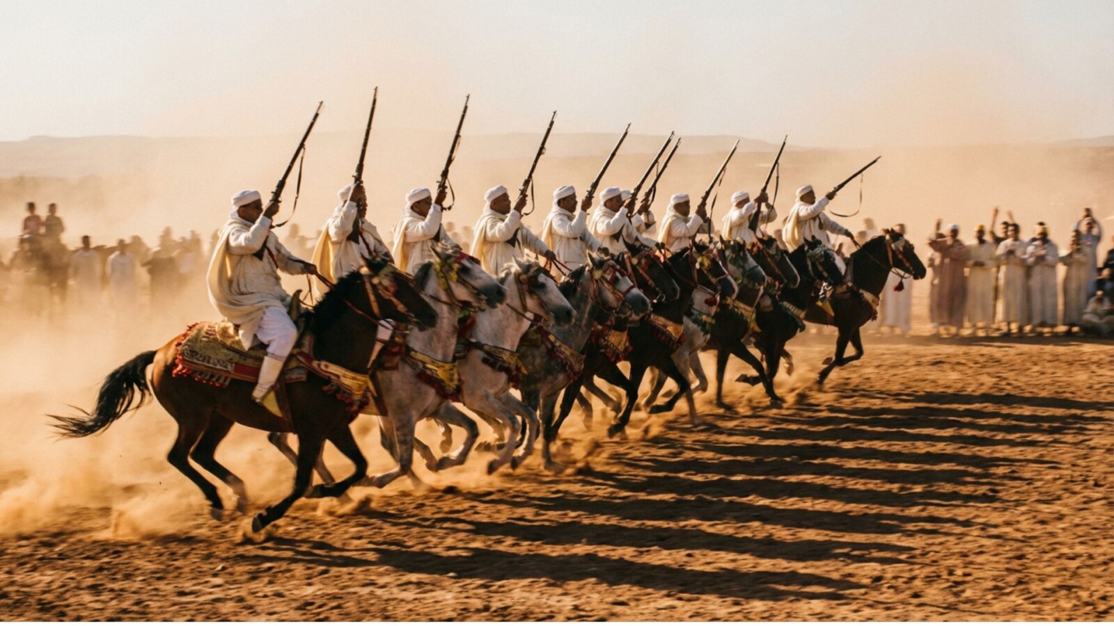 Moroccan cavalry performers in white robes riding horses with raised rifles
