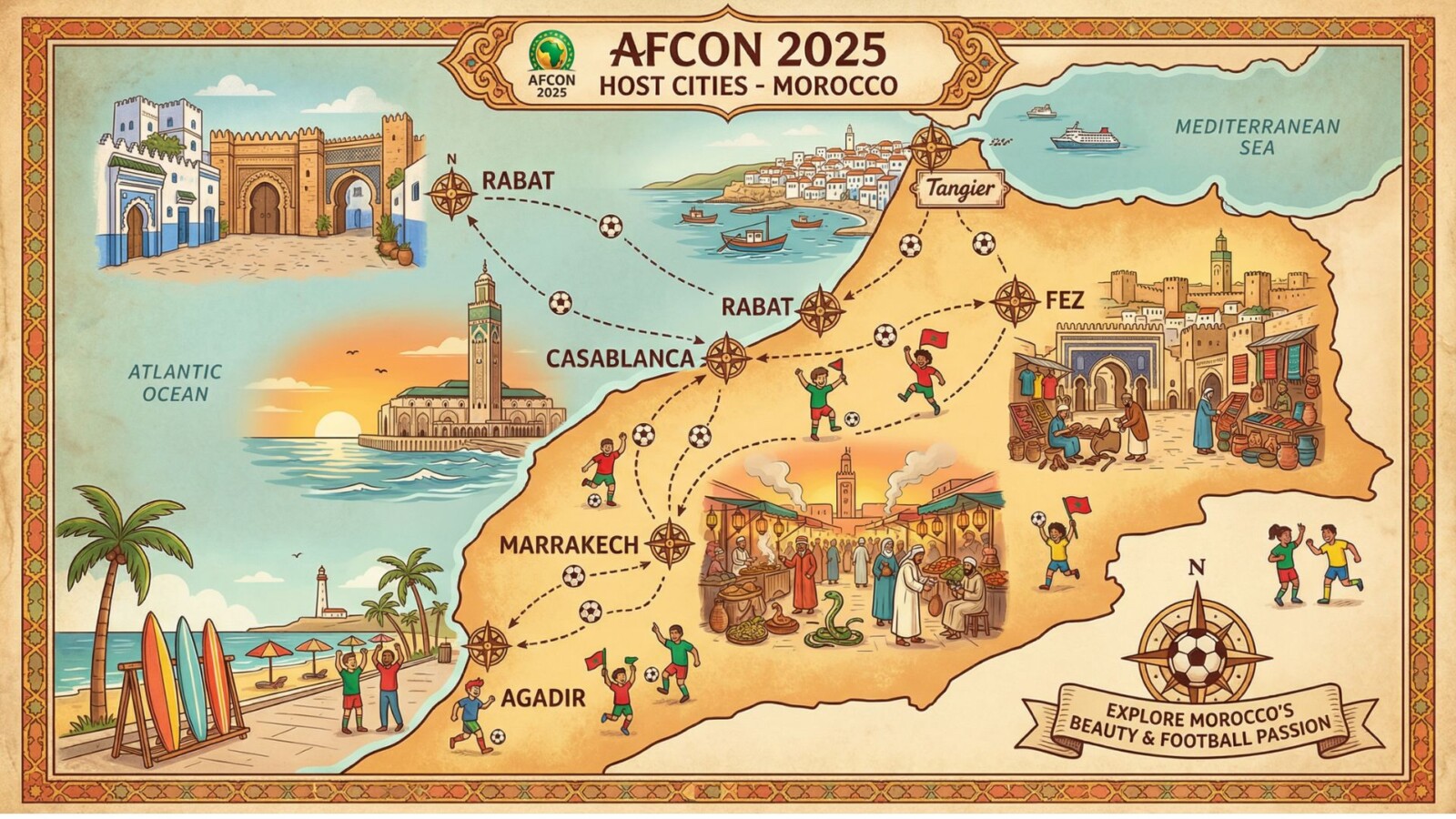 AFCON 2025 Morocco host cities map Rabat Casablanca Fez Marrakech Agadir