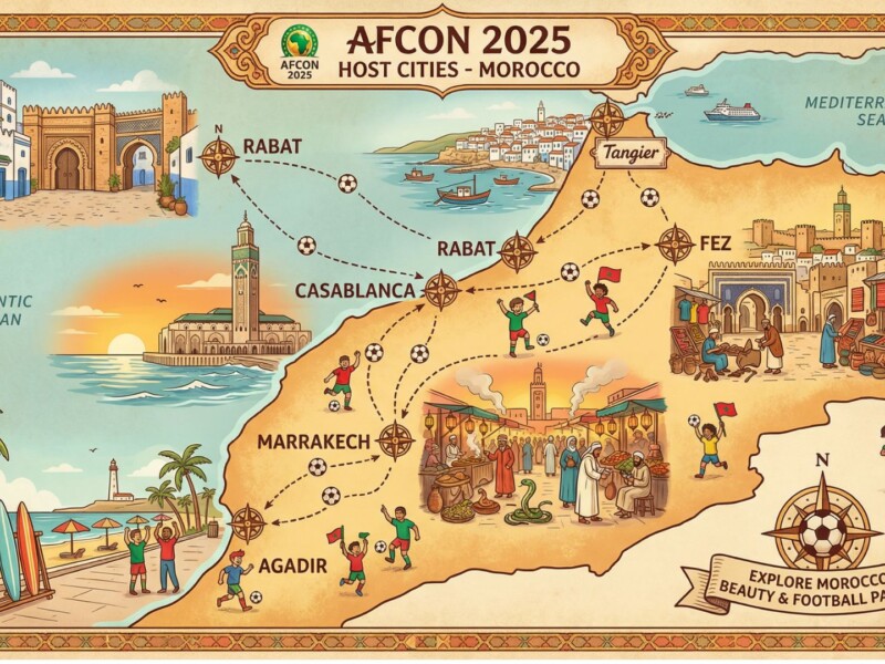 AFCON 2025 Morocco host cities map Rabat Casablanca Fez Marrakech Agadir