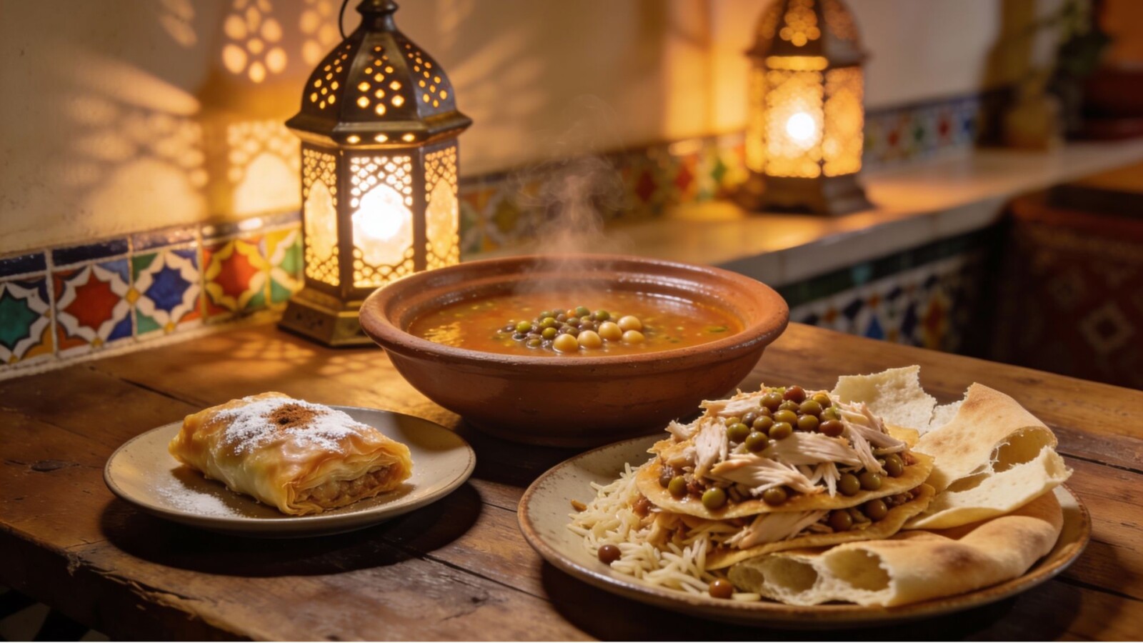 Traditional Moroccan dishes including harira soup pastilla and rfissa arranged on rustic table with warm lantern lighting and colorful tile background