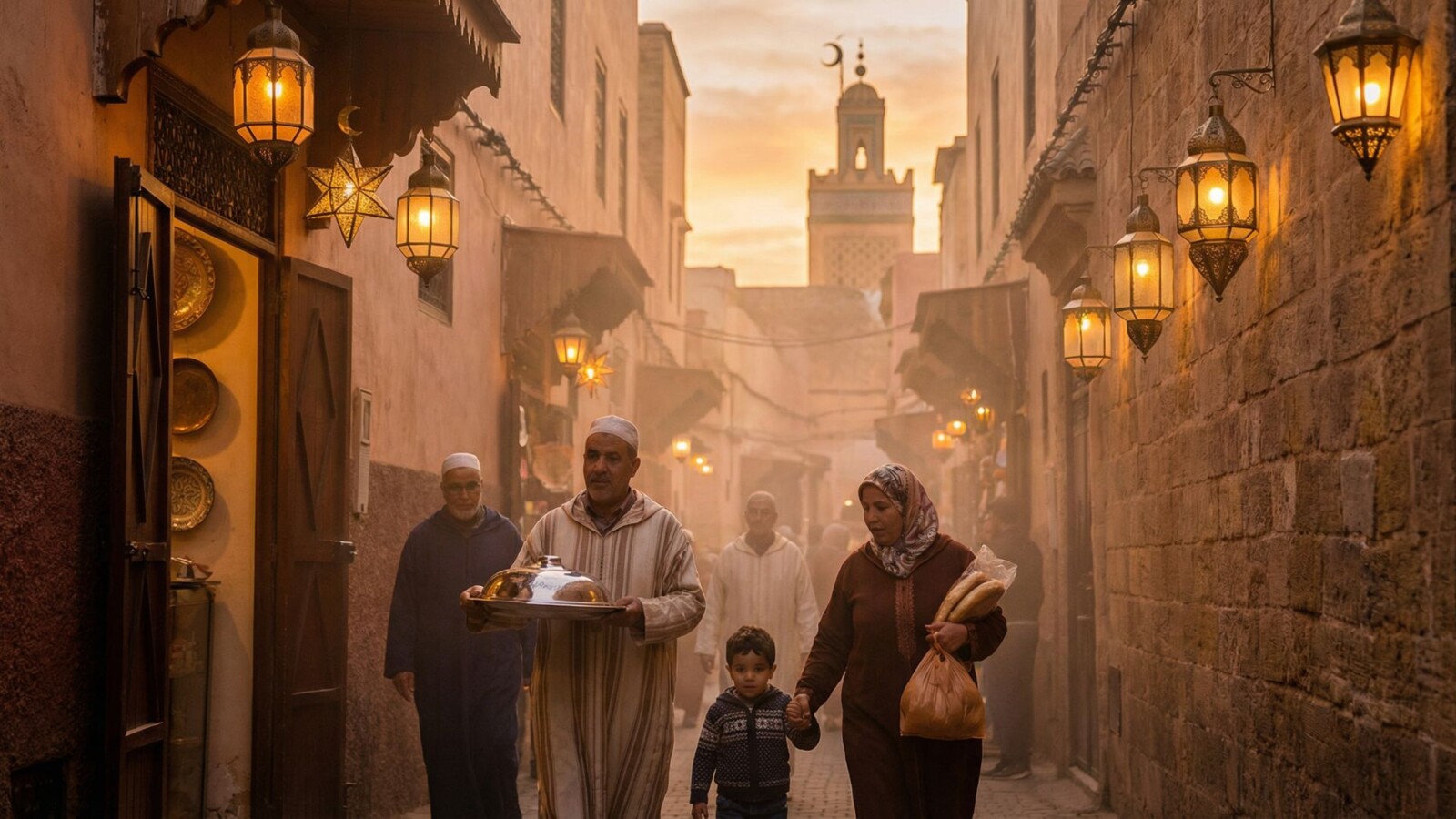 Moroccan medina street at sunset during Ramadan with traditional lanterns glowing and family carrying iftar food home with mosque minaret in background