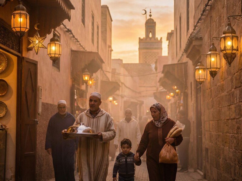 Moroccan medina street at sunset during Ramadan with traditional lanterns glowing and family carrying iftar food home with mosque minaret in background
