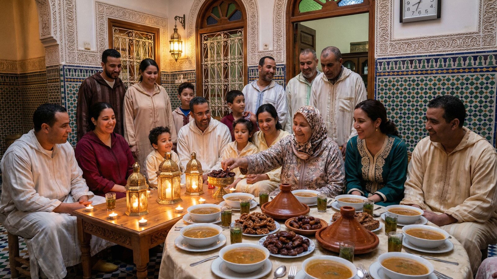 Moroccan family gathered around traditional iftar meal in courtyard with harira soup, dates, and pastries, lantern light illuminating joyful faces during Ramadan fast breaking