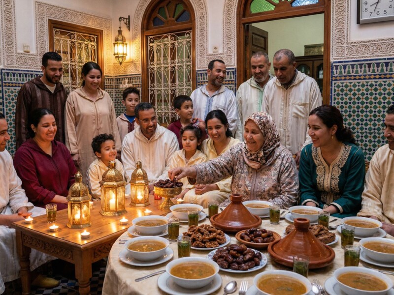 Moroccan family gathered around traditional iftar meal in courtyard with harira soup, dates, and pastries, lantern light illuminating joyful faces during Ramadan fast breaking