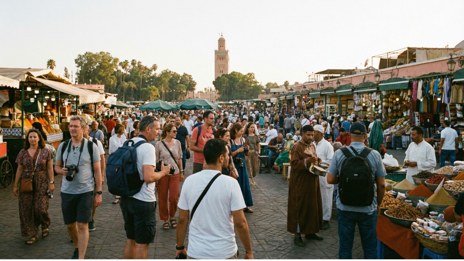 Crowded Jemaa el-Fnaa marketplace in Marrakech Morocco with minaret tower