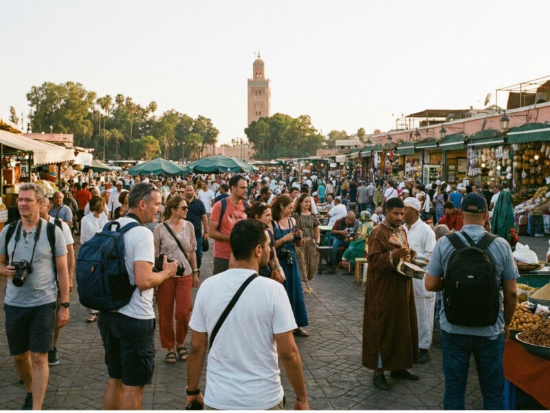 Crowded Jemaa el-Fnaa marketplace in Marrakech Morocco with minaret tower