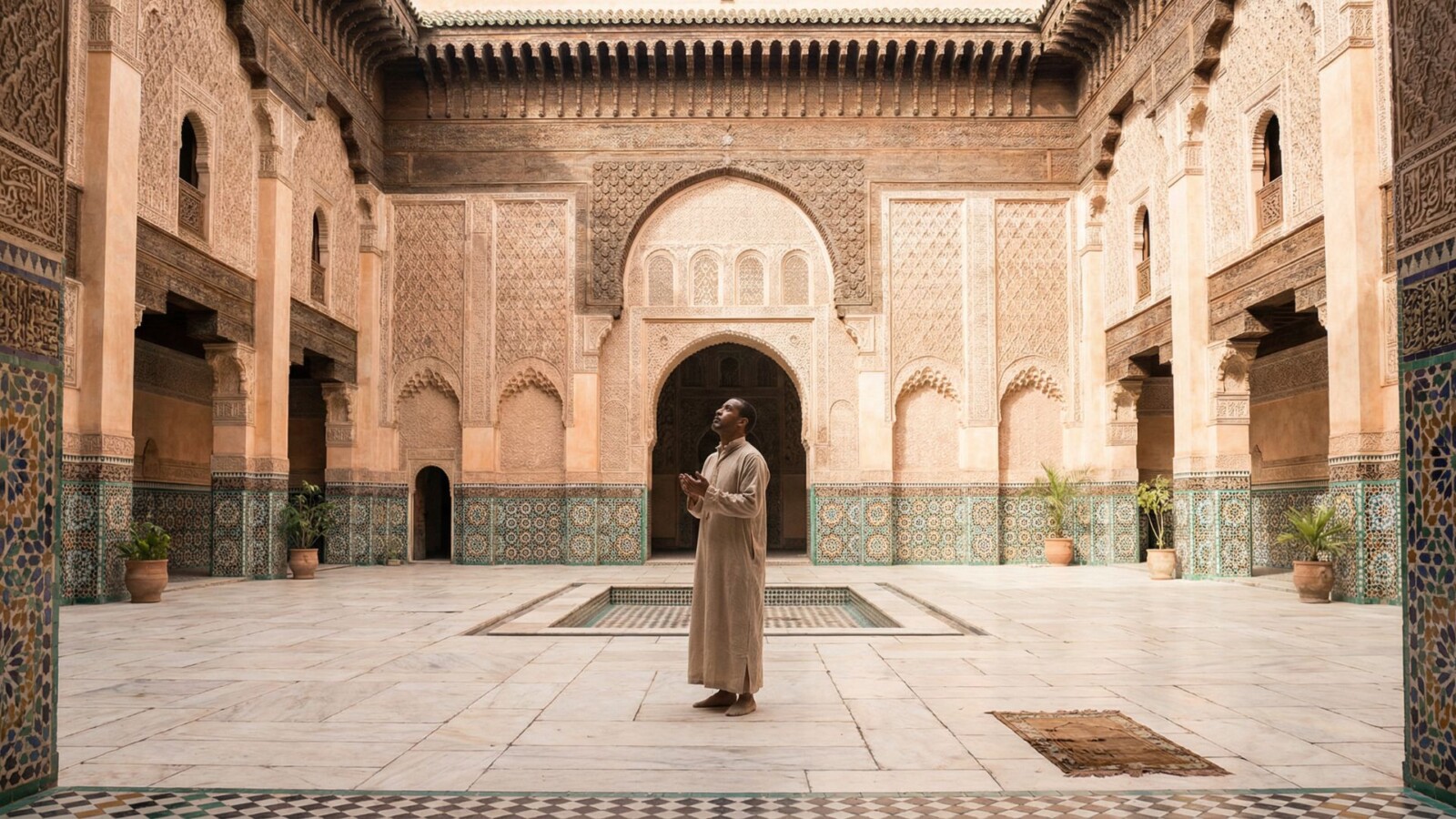 Nearly empty Ben Youssef Medersa courtyard in Marrakech during Ramadan with single visitor admiring intricate Islamic tilework and carved architecture