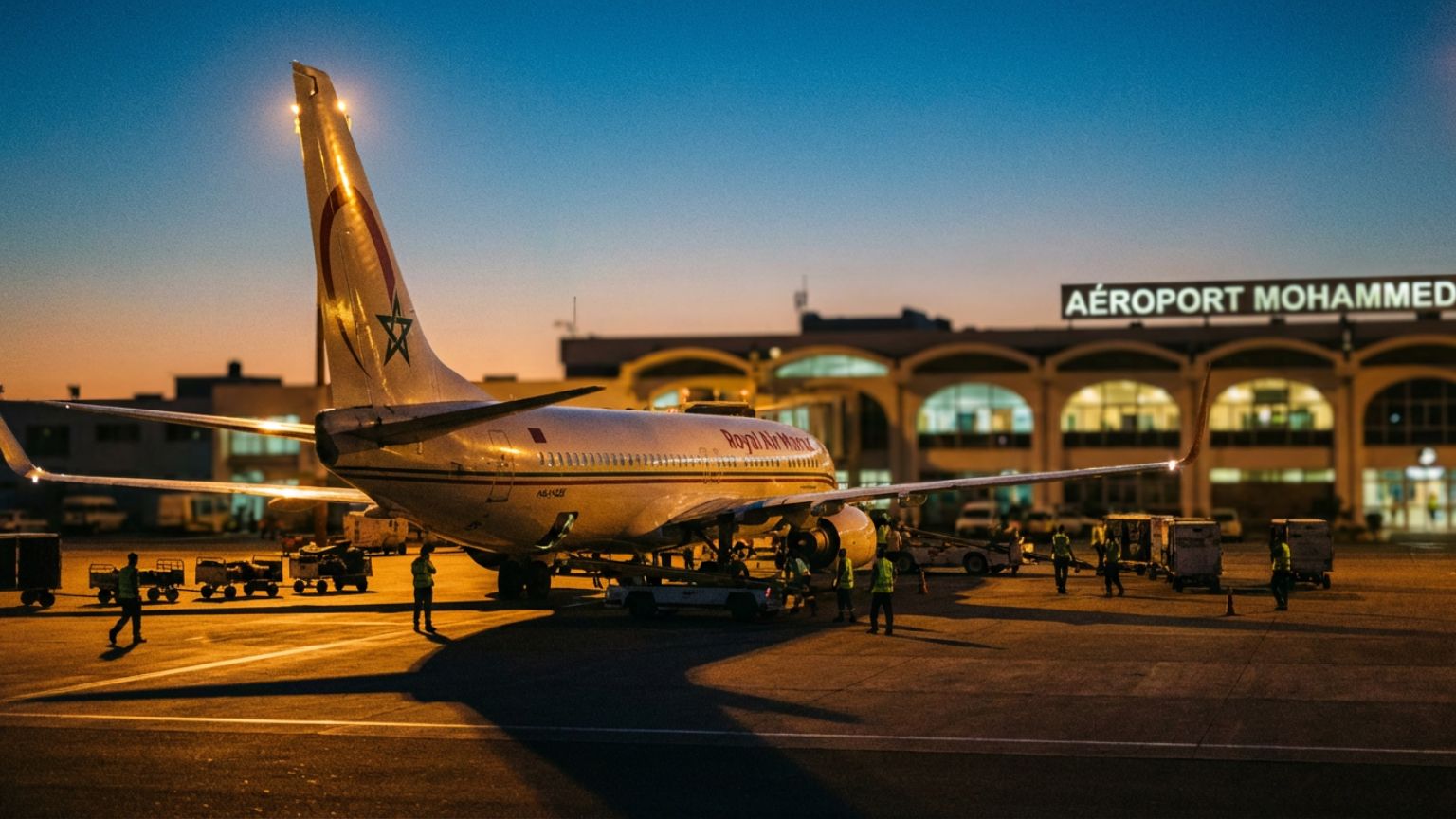 Royal Air Maroc airplane parked at Aeroport Mohammed V Casablanca terminal