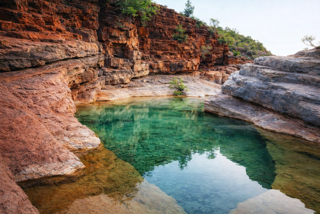 Emerald turquoise natural pool nestled between towering red rock cliffs in Paradise Valley near Agadir, Morocco, with sparse greenery and clear reflections