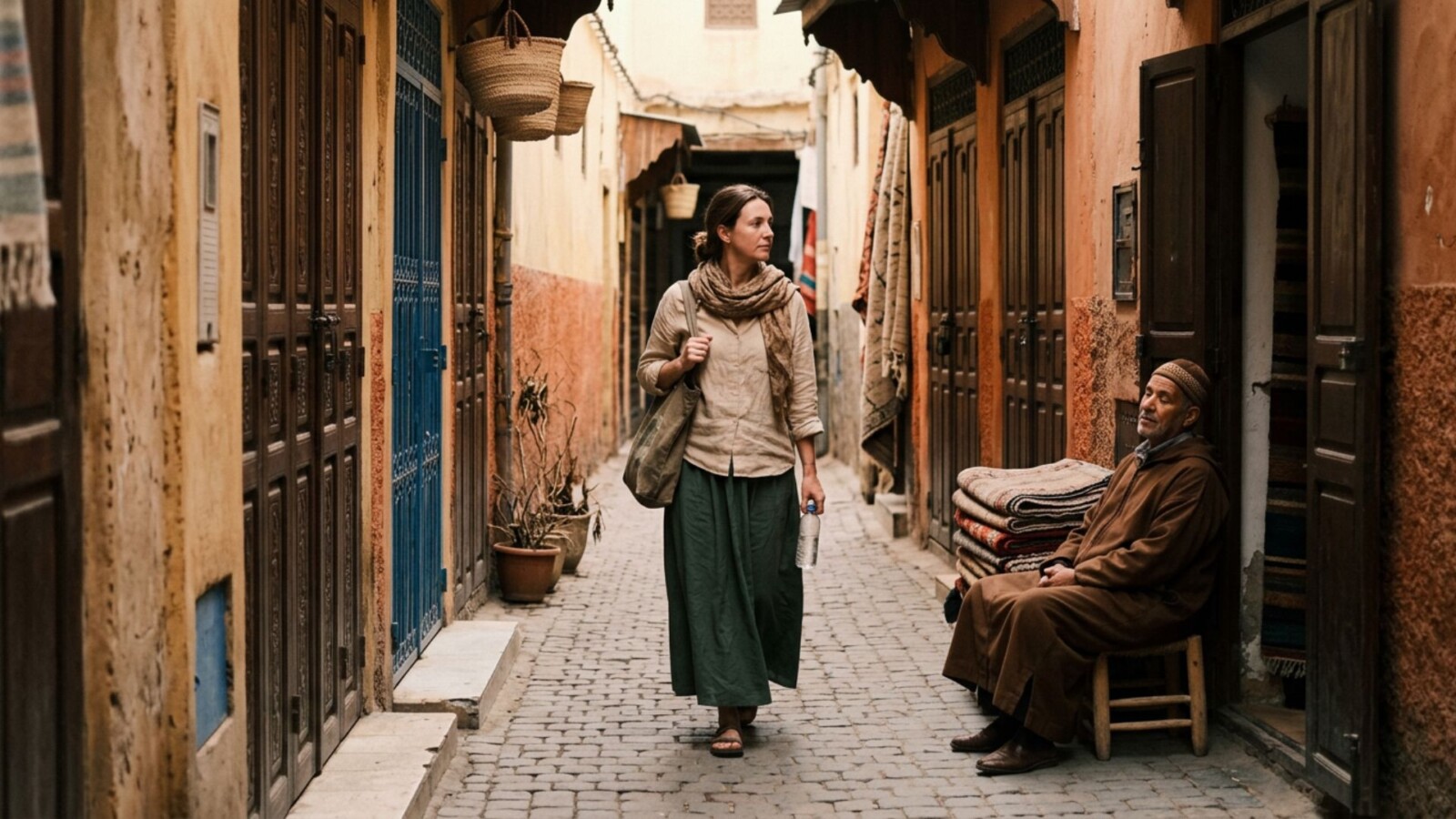 Modestly dressed female tourist walking respectfully through quiet Moroccan medina during Ramadan afternoon passing resting shopkeeper